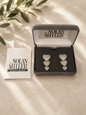 NEW IN BOX Vintage Nolan Miller Rhinestone Clip-on Moonlit Heart Earrings